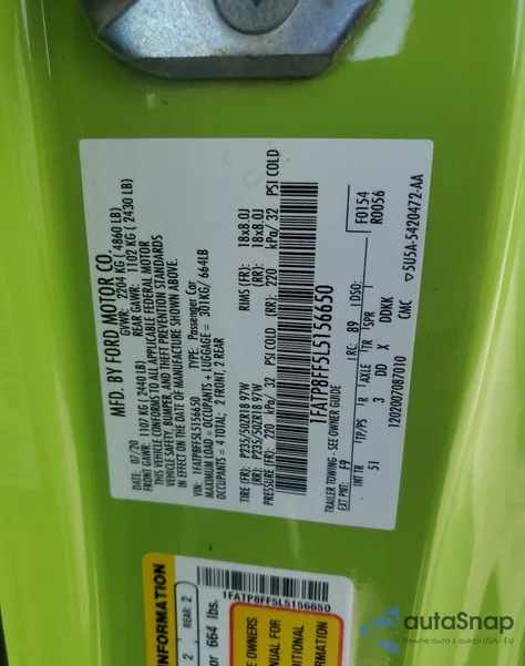 2020 Ford Mustang Gt z USA, uszkodzony, nr VIN 1FATP8FF5L5156650